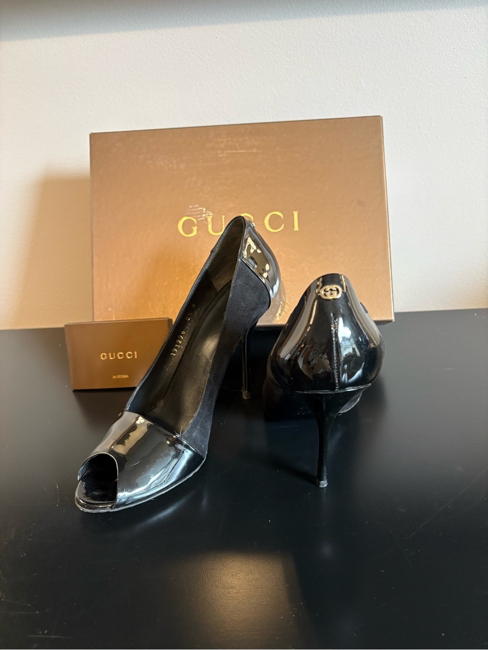 Gucci Black Patent Leather Peep-Toe Stiletto Heels with Gold Logo